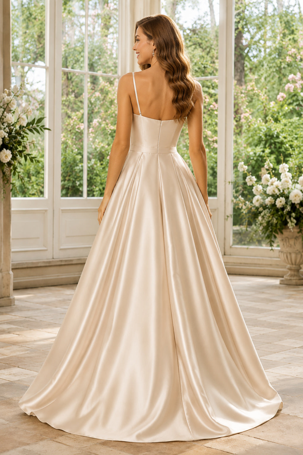 Champagne Square Neck Satin A-Line Formal Dress with Wide Straps and Full Skirt back view