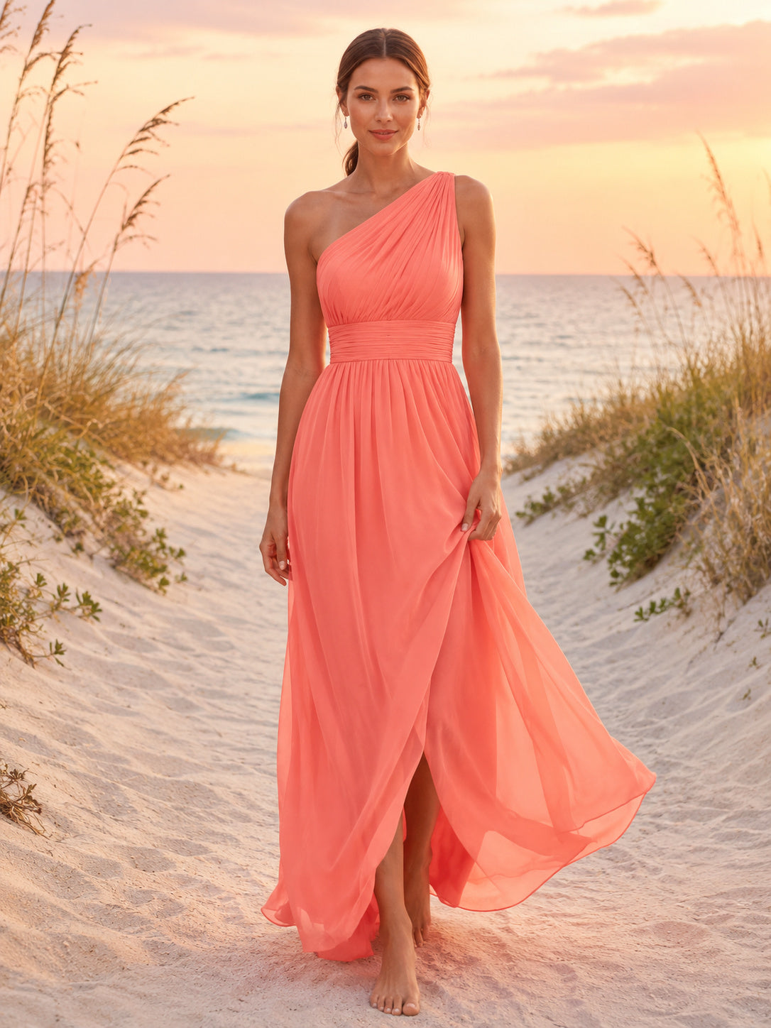 Coral One Shoulder Chiffon Floor Length A Line Beach Dress front view