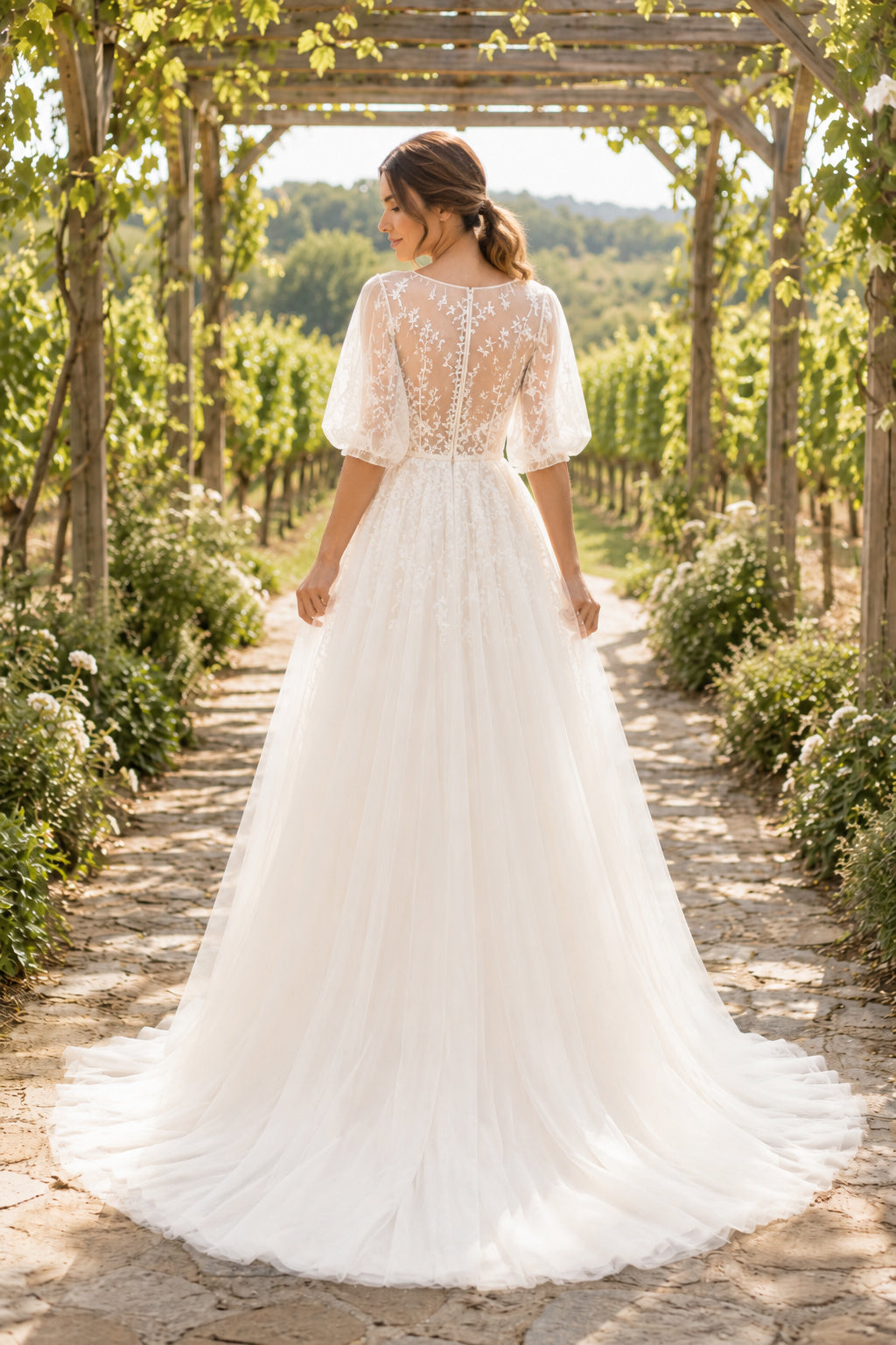 Flutter Sleeve V-Neck A-Line Wedding Dress with Lace Bodice and Tulle Train for Beach Garden Ceremony back view