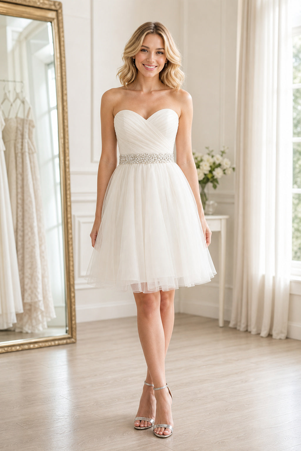 Ivory Sweetheart A-Line Tulle Short Dress With Beaded Waist and Ruffles