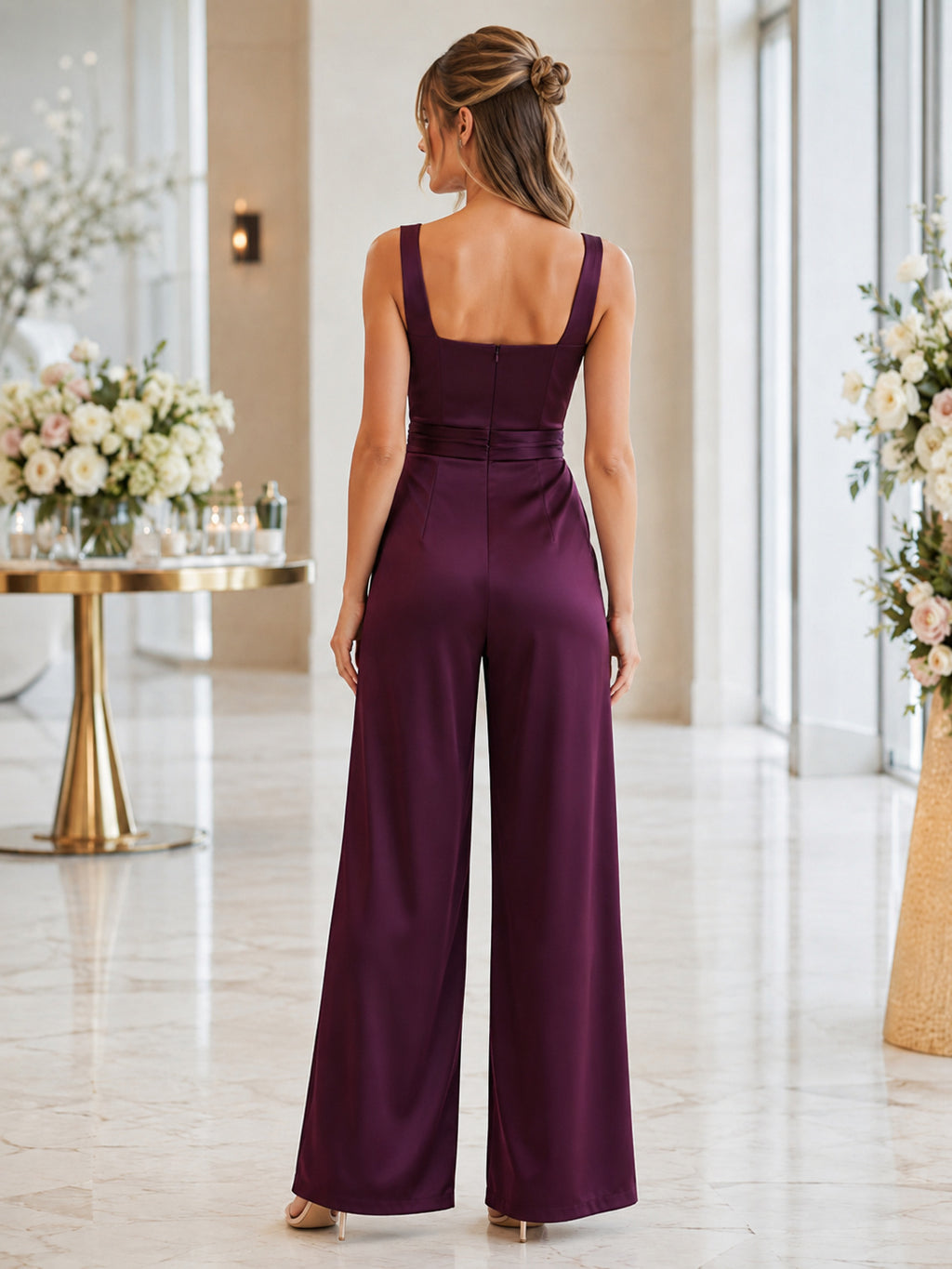 Plum Square Neck Satin Wide Leg Guest Jumpsuit back view