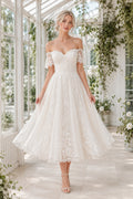 Ivory Off Shoulder Lace Tulle Tea Length Wedding Dress for Wedding Reception and Party Style MG_700968 front view