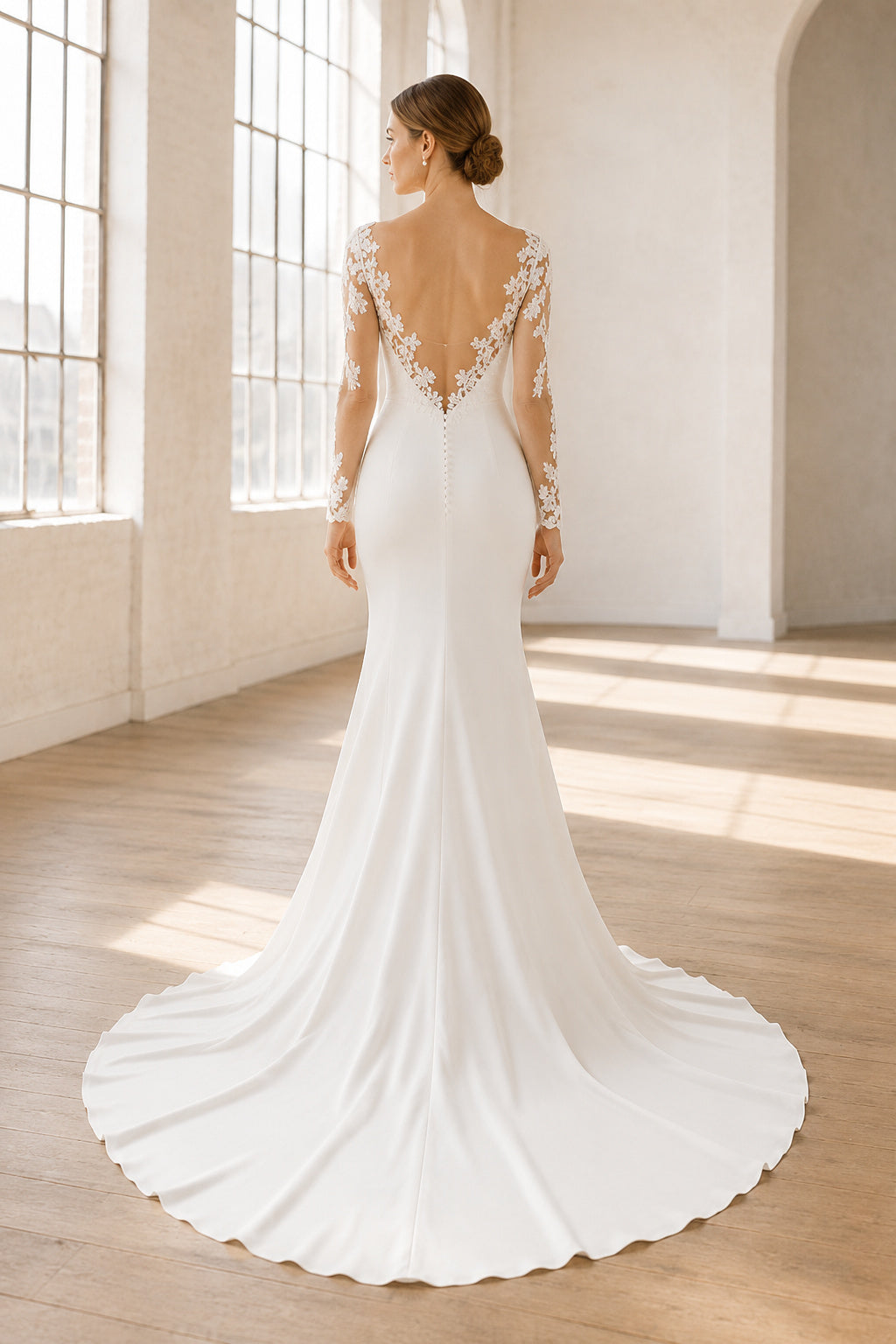 Wedding Sheath Satin Dress with V-Neck Lace Sleeves and Chapel Train back view