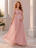 Blushing Pink Maternity Off-Shoulder Ruched Chiffon Empire Romantic Maxi Dress front view