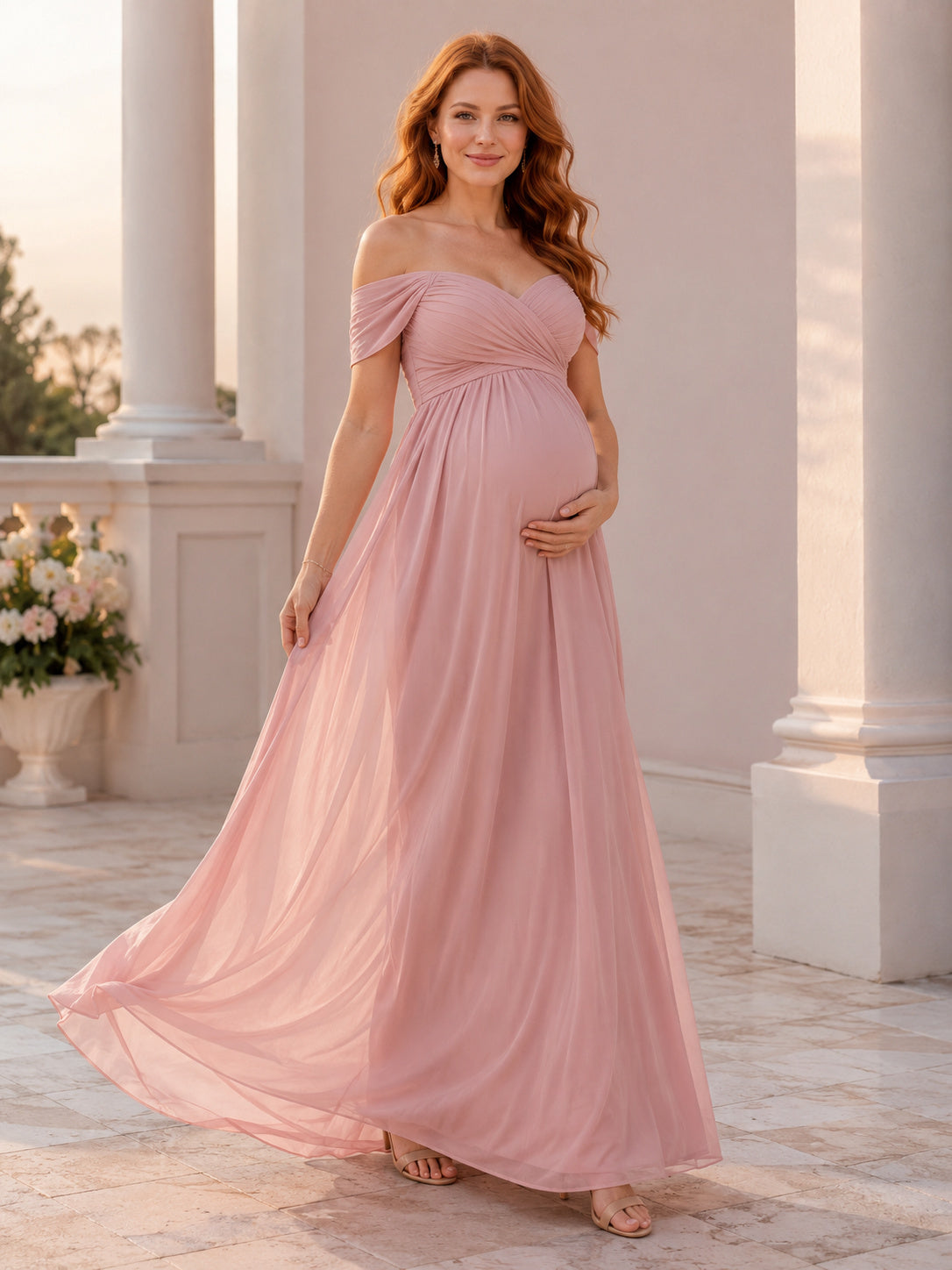 Blushing Pink Maternity Off-Shoulder Ruched Chiffon Empire Romantic Maxi Dress front view
