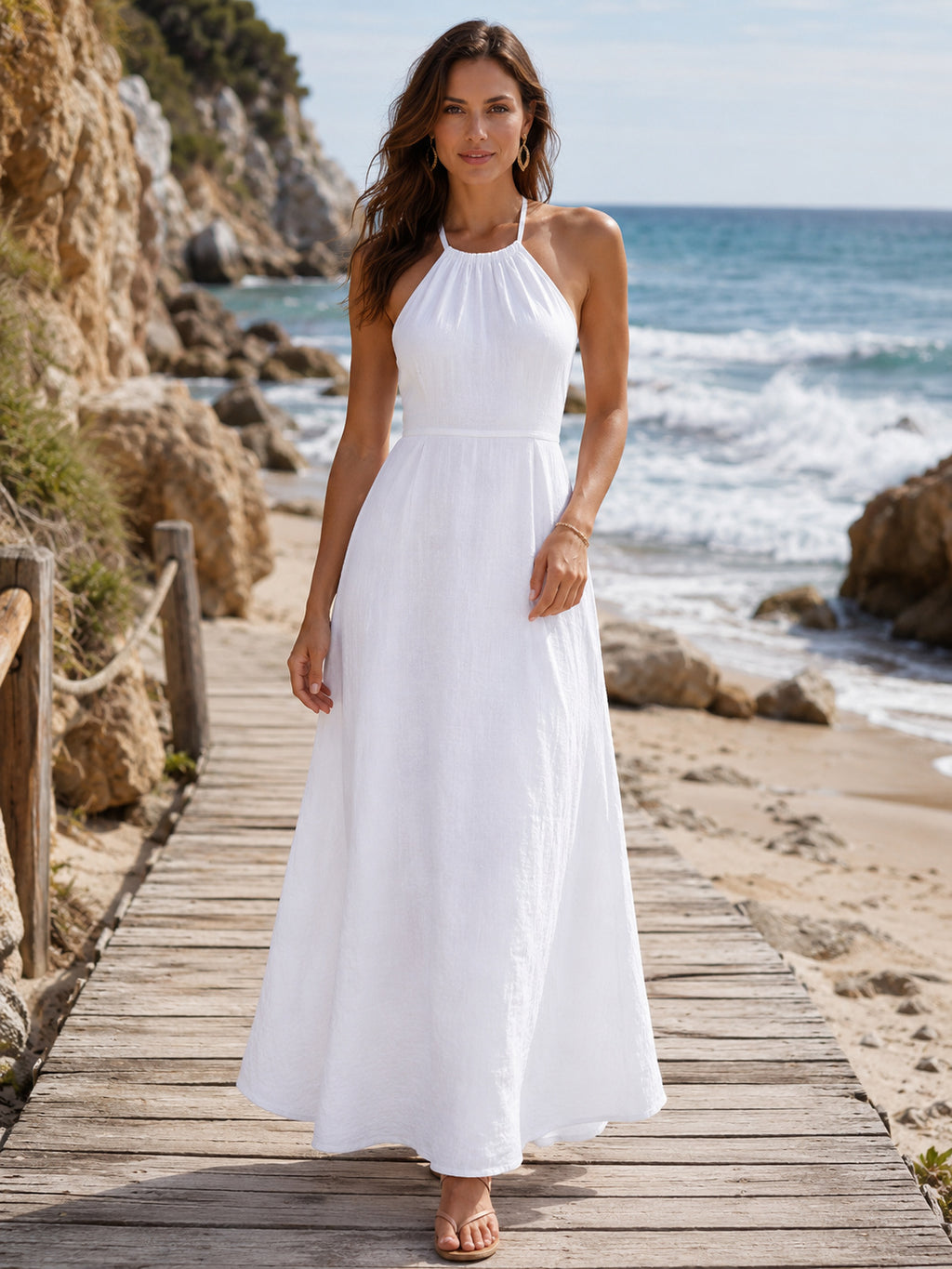 White Halter Tie Neck Linen Beach Vacation Maxi Dress front view