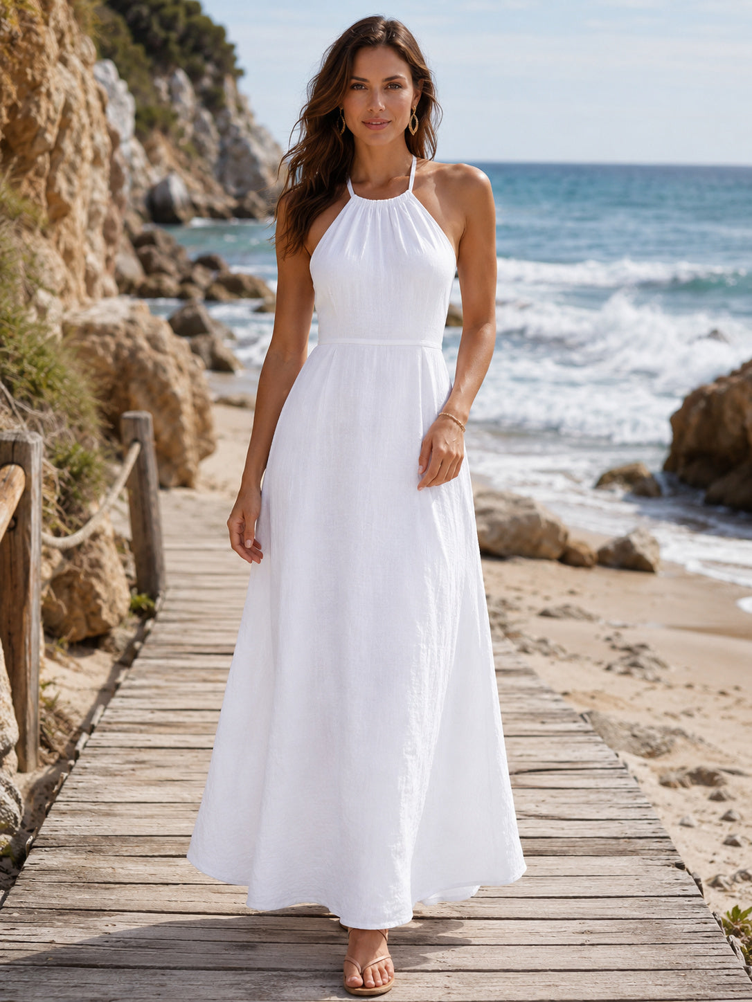 White Halter Tie Neck Linen Beach Vacation Maxi Dress front view
