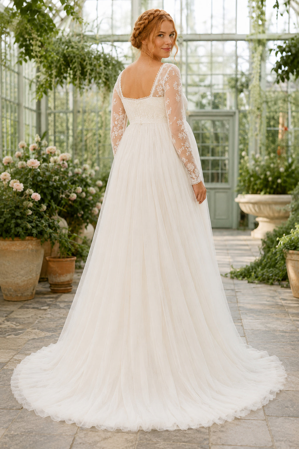 Ivory Maternity Square Neck Long Sleeve Lace A-Line Wedding Dress with Tulle Train Style MG_701147 back view