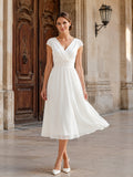 Civil V-Neck Cap Sleeve Chiffon A-Line Midi Wedding Dress front view