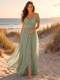 Sage off shoulder chiffon beach guest maxi dress with slit front view