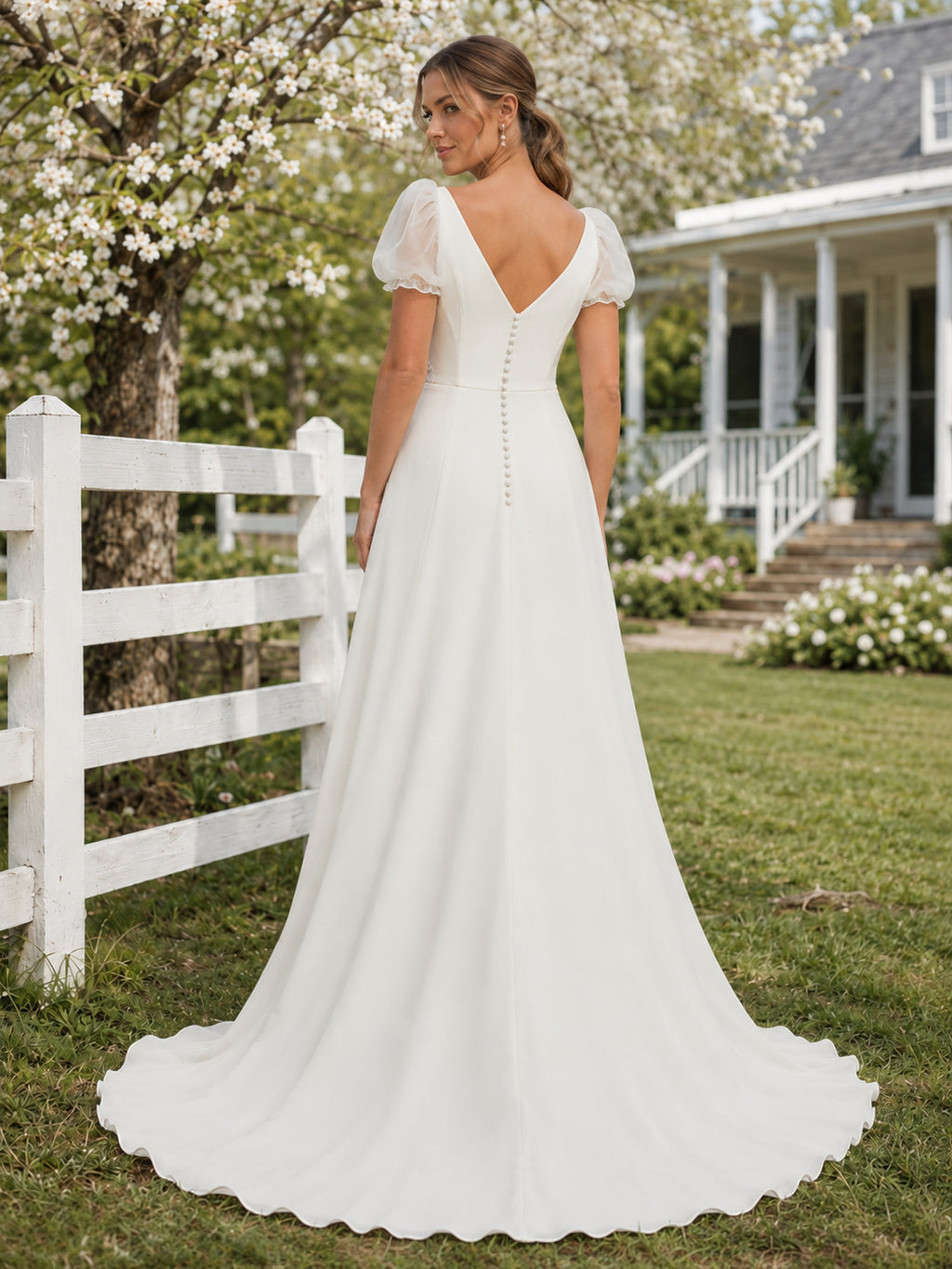 Country Chiffon Wedding Dress A-Line V-Neck Puff Sleeve Floor Length Low V Back Bridal Gown back view