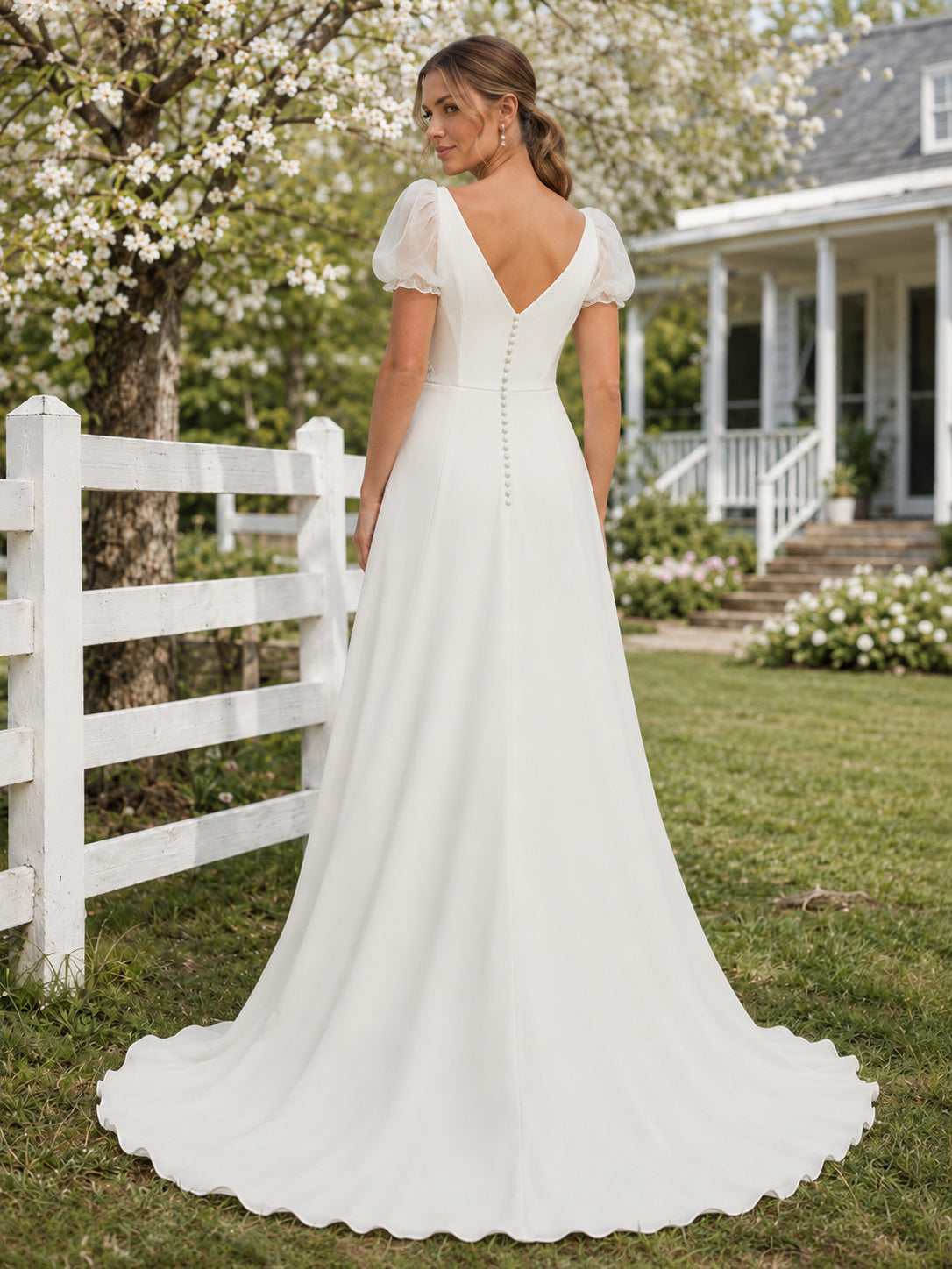 Country Chiffon Wedding Dress A-Line V-Neck Puff Sleeve Floor Length Low V Back Bridal Gown back view