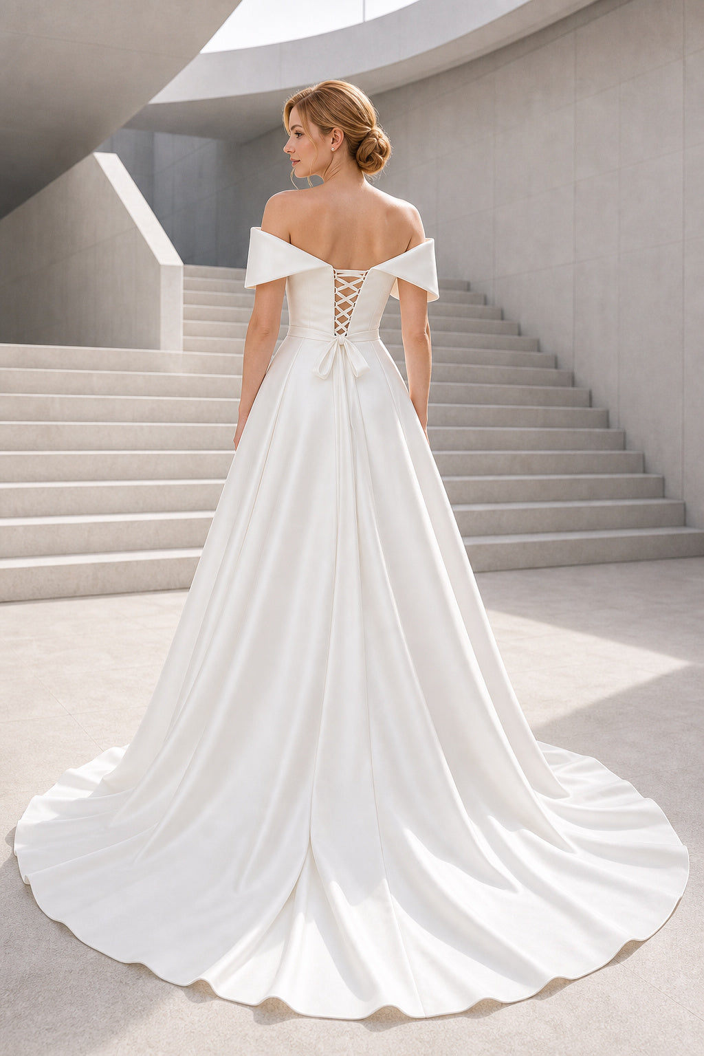 White Scoop Three-Quarter Sleeves A-Line Chiffon Floor-length Wedding Dress With Lace Bodice and Sweep Train and Open Back Lace Hem Detail