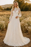 Ivory High Neck Long Sleeve Lace A-Line Wedding Dress Chapel Train for Wedding Ceremony and Reception Style MG_701486 front v