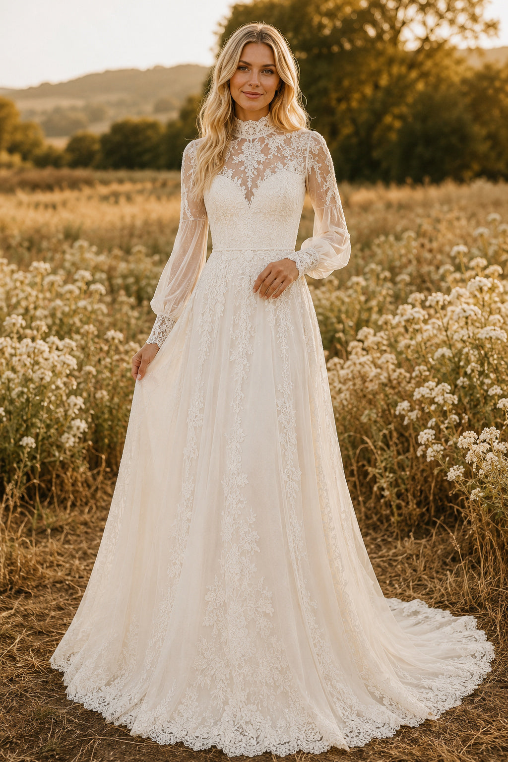 Ivory High Neck Long Sleeve Lace A-Line Wedding Dress Chapel Train for Wedding Ceremony and Reception Style MG_701486 front v