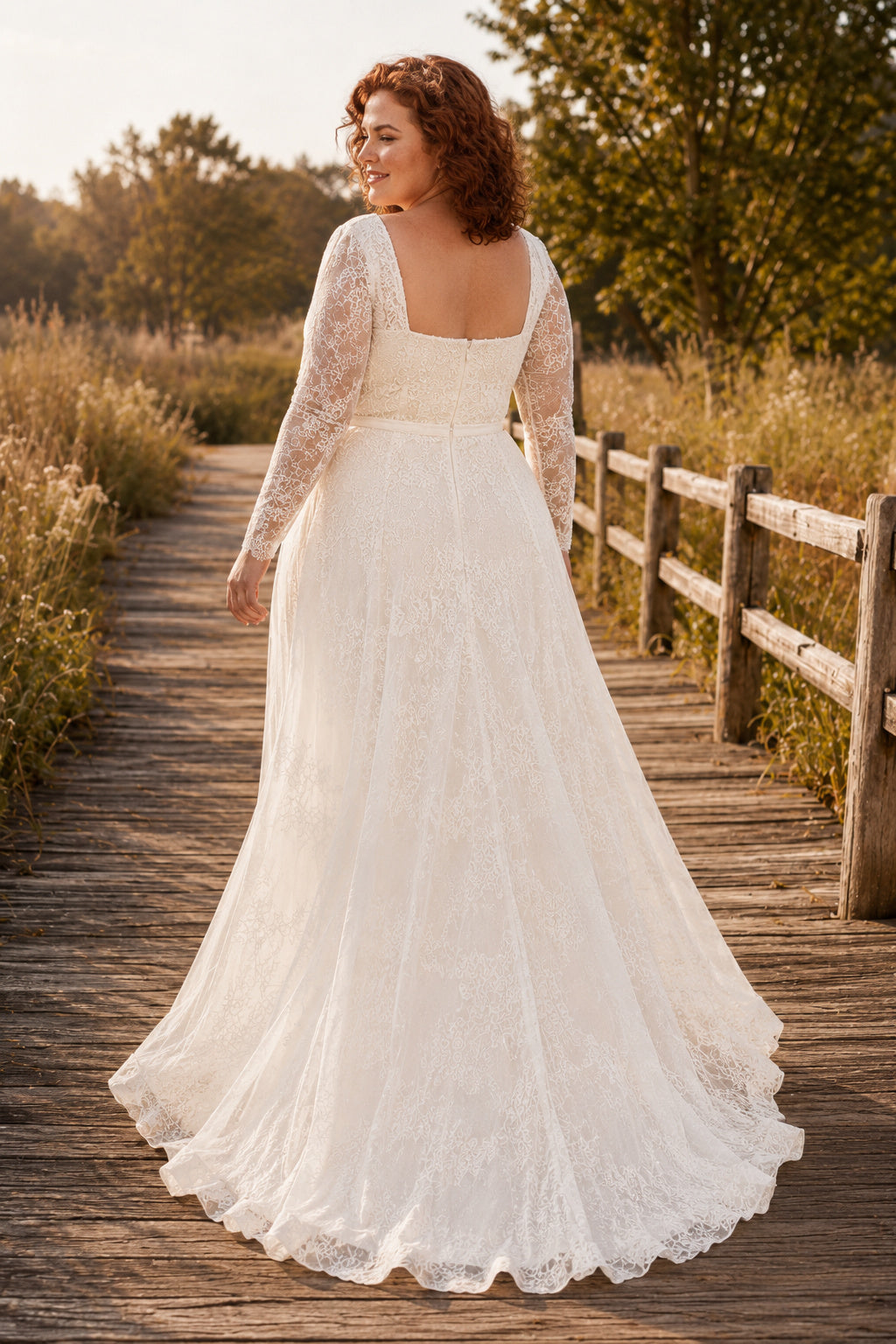 Plus Size Ivory Square Neck Long Sleeve Tulle A-Line Wedding Dress back view