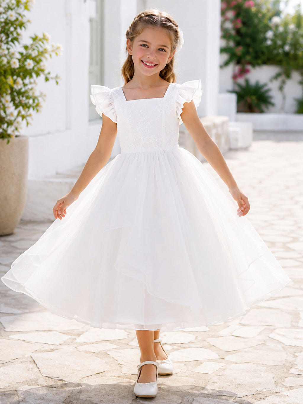 Sweet Flower Girl A-Line Tulle Square Neck Flutter Sleeve Ruffle Layered Tea-Length Party Dress front view