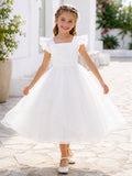 Sweet Flower Girl A-Line Tulle Square Neck Flutter Sleeve Ruffle Layered Tea-Length Party Dress front view