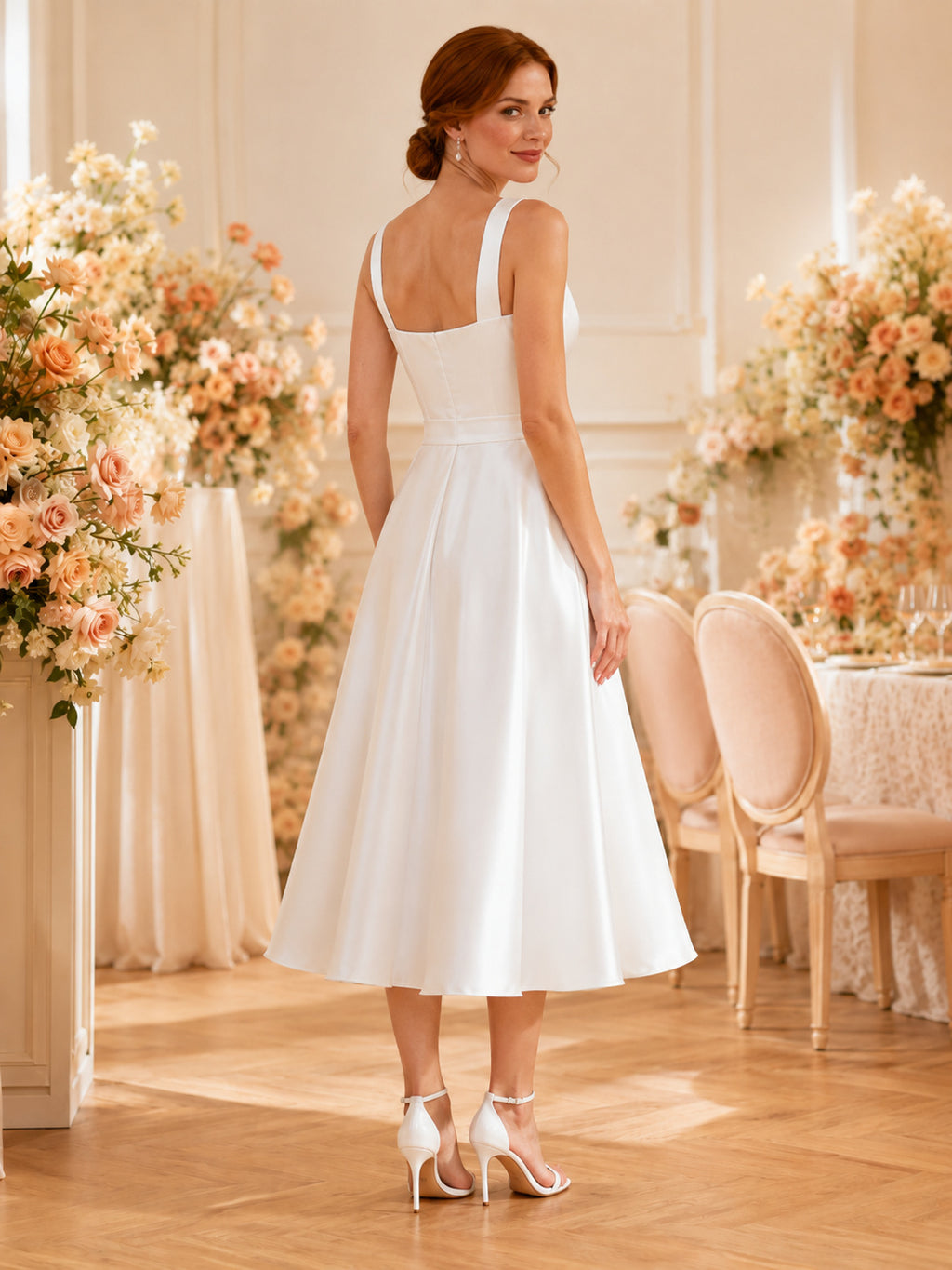 Tea Length Square Neck Satin A Line Bridal Shower Dress back view