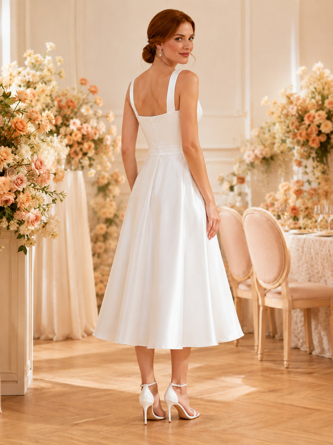 Tea Length Square Neck Satin A Line Bridal Shower Dress back view