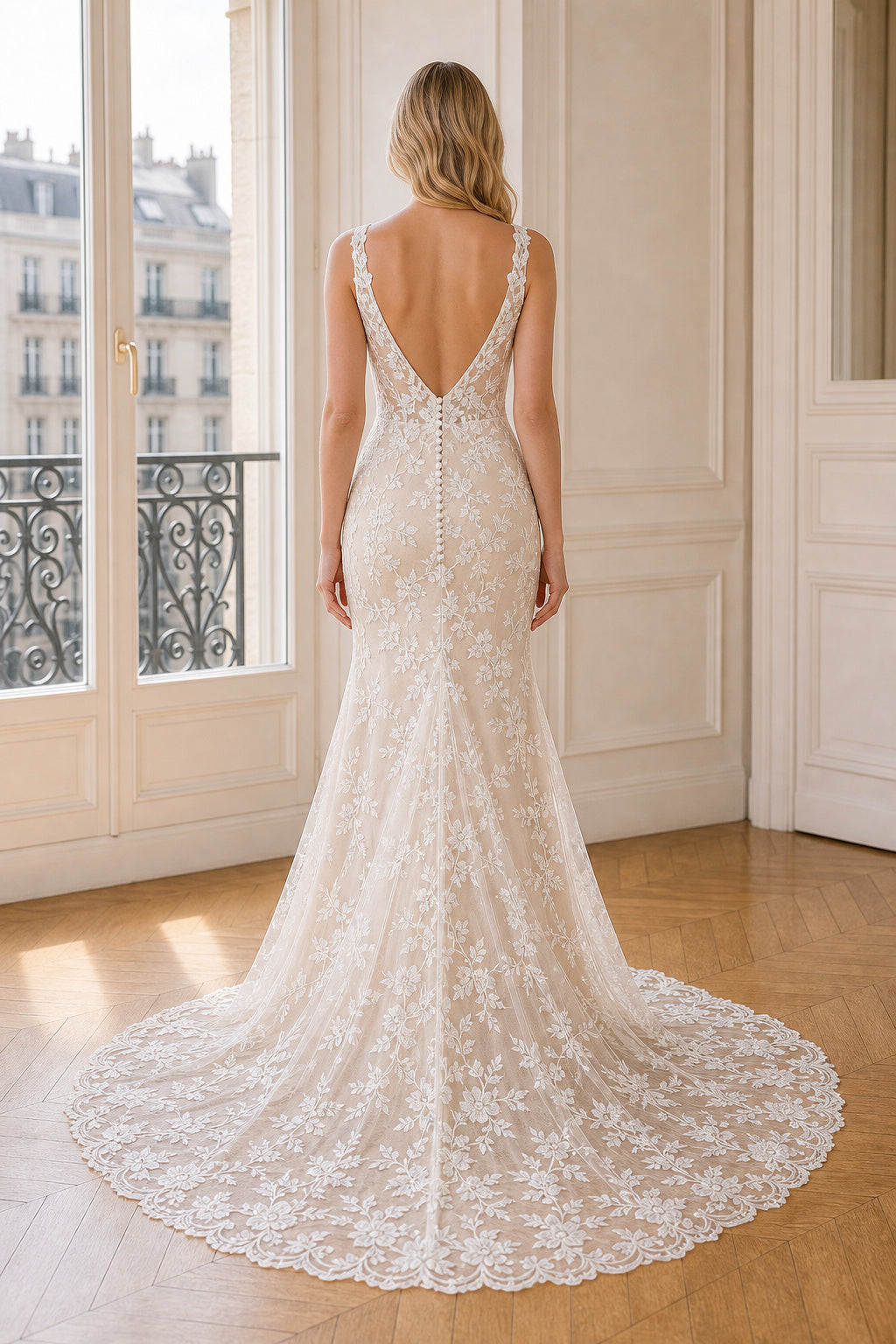 White Scoop Three-Quarter Sleeves A-Line Crepe Floor-length Wedding Dress With Sweep Train and Open Back and Open Back Lace Hem Detail