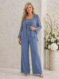 Steel Blue Mother Jumpsuit with Square Neck Sheer Jacket and Wide Leg Pants front view