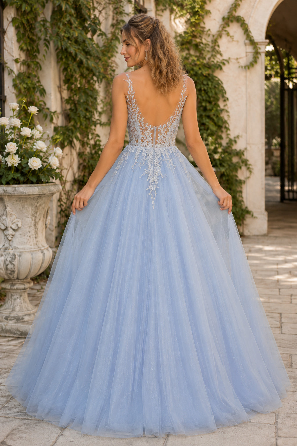 Sky Blue V-Neck Tulle Ball Gown Prom Dress with Lace Applique Bodice and Full Skirt back view