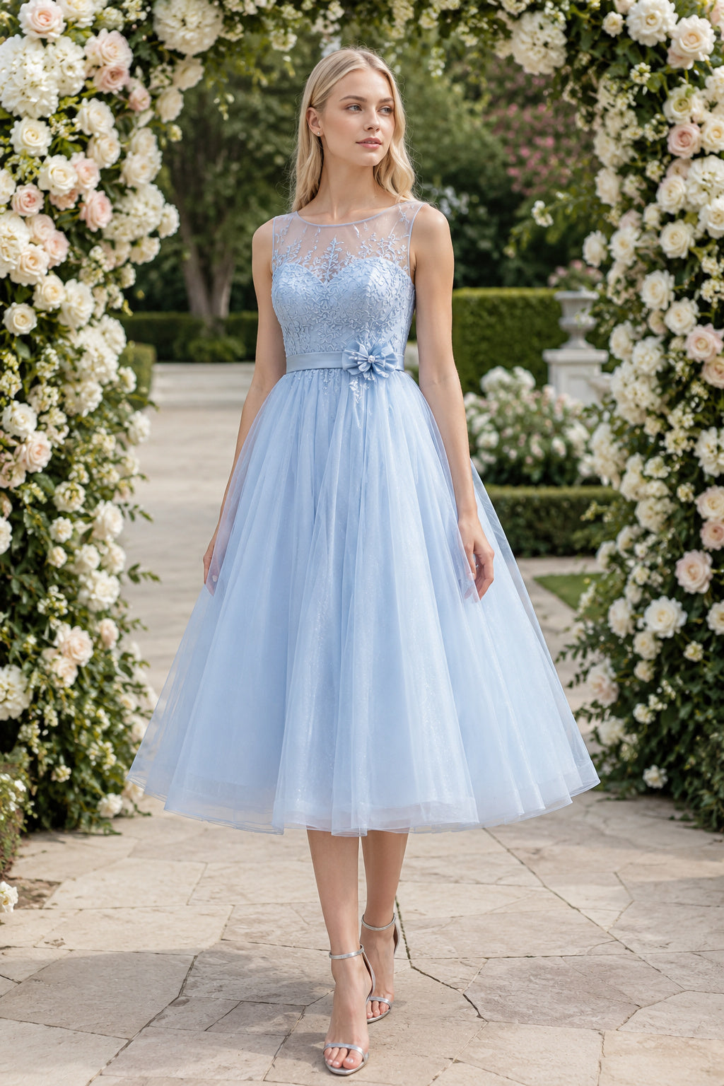 Sky Blue Illusion Jewel Sparkle Bodice with Tulle Skirt Tea Length A-Line Prom Dress front view