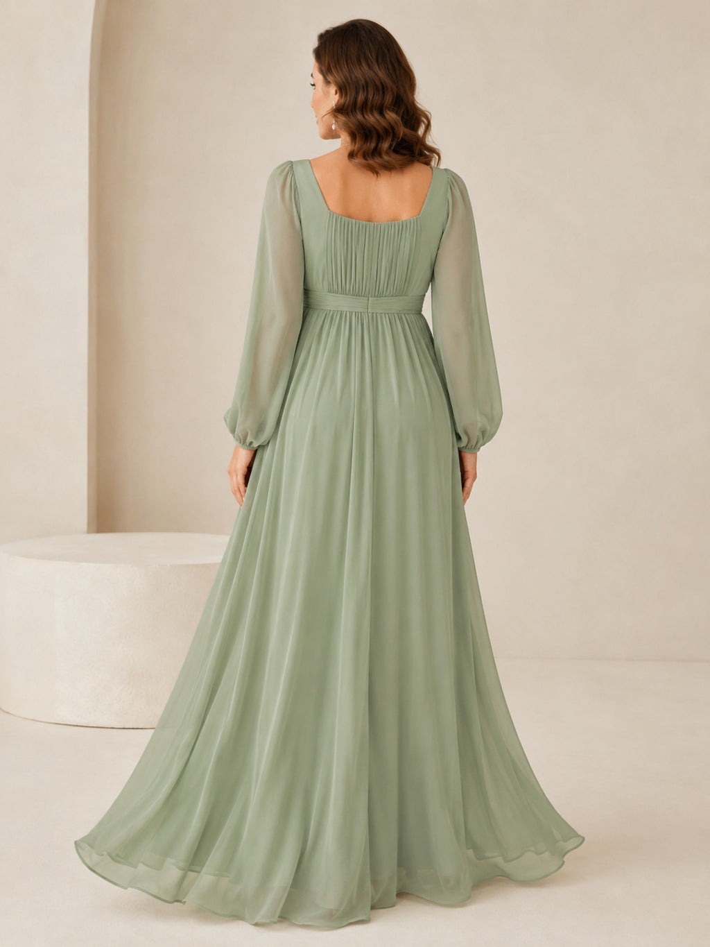 Sage Square Neck Long Sleeve Chiffon Maternity Formal Gown back view