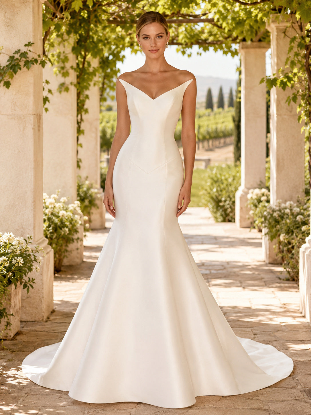 Satin Wedding Dress Mermaid Bateau Neck Sleeveless Floor Length Low V Back Bridal Gown Style 722549 front view