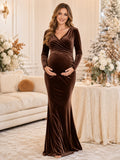 Chocolate Maternity Long Sleeve Wrap V Neck Velvet Mermaid Floor Length Winter Gown front view