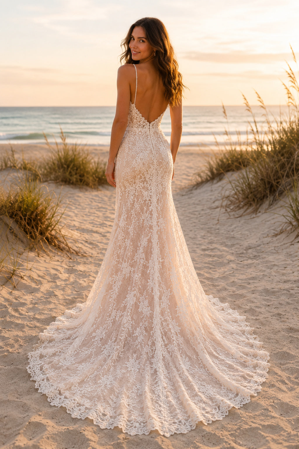 Champagne Sexy Spaghetti Neck Mermaid Champagne Lace Wedding Dress with Spaghetti Straps and Sweep Train Style MG_701375 back