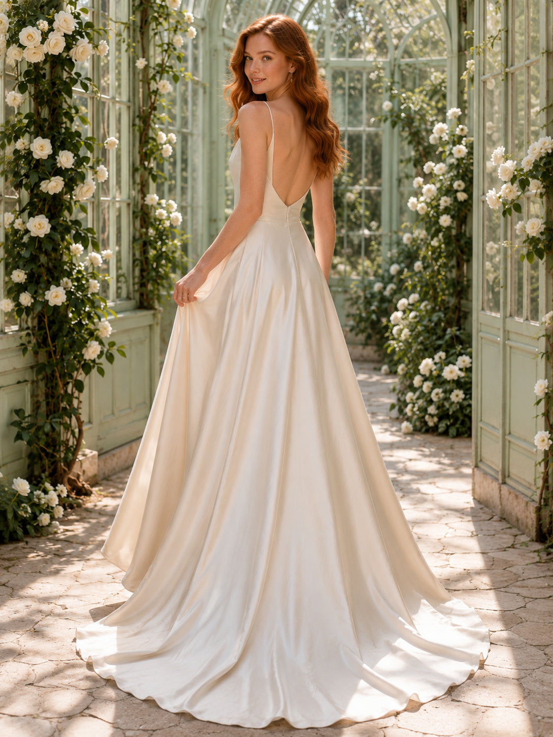 Champagne Cowl Neck Spaghetti Strap Satin Slit A Line Wedding Gown back view