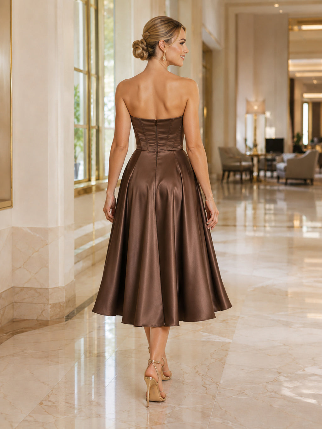 Mocha Strapless Sweetheart Satin Tea Length A Line Cocktail Dress back view