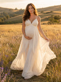 Ivory V Neck Spaghetti Strap Empire Maternity Chiffon Gown front view