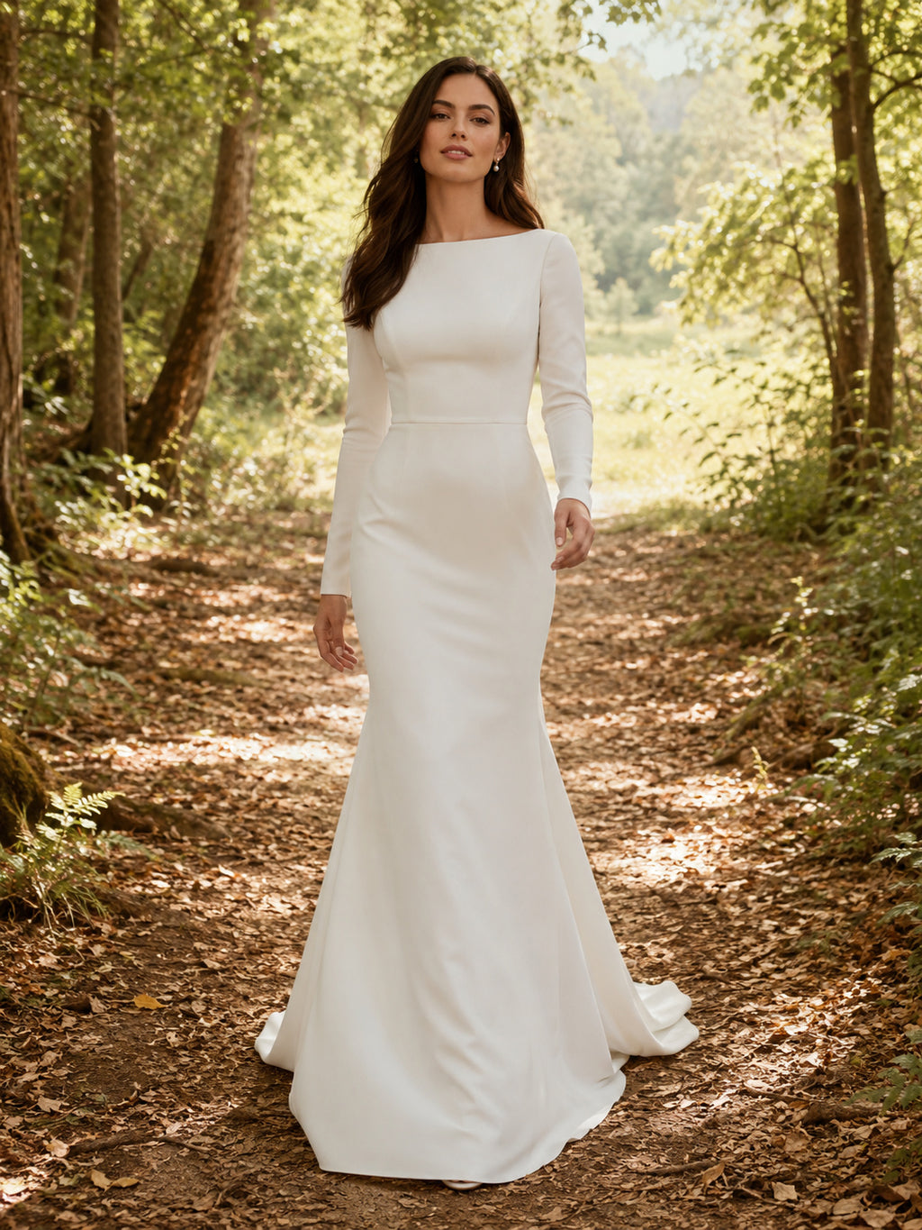 Country Chiffon Wedding Dress Sheath Sweetheart Long Sleeve Floor Length Low V Back Bridal Gown front view