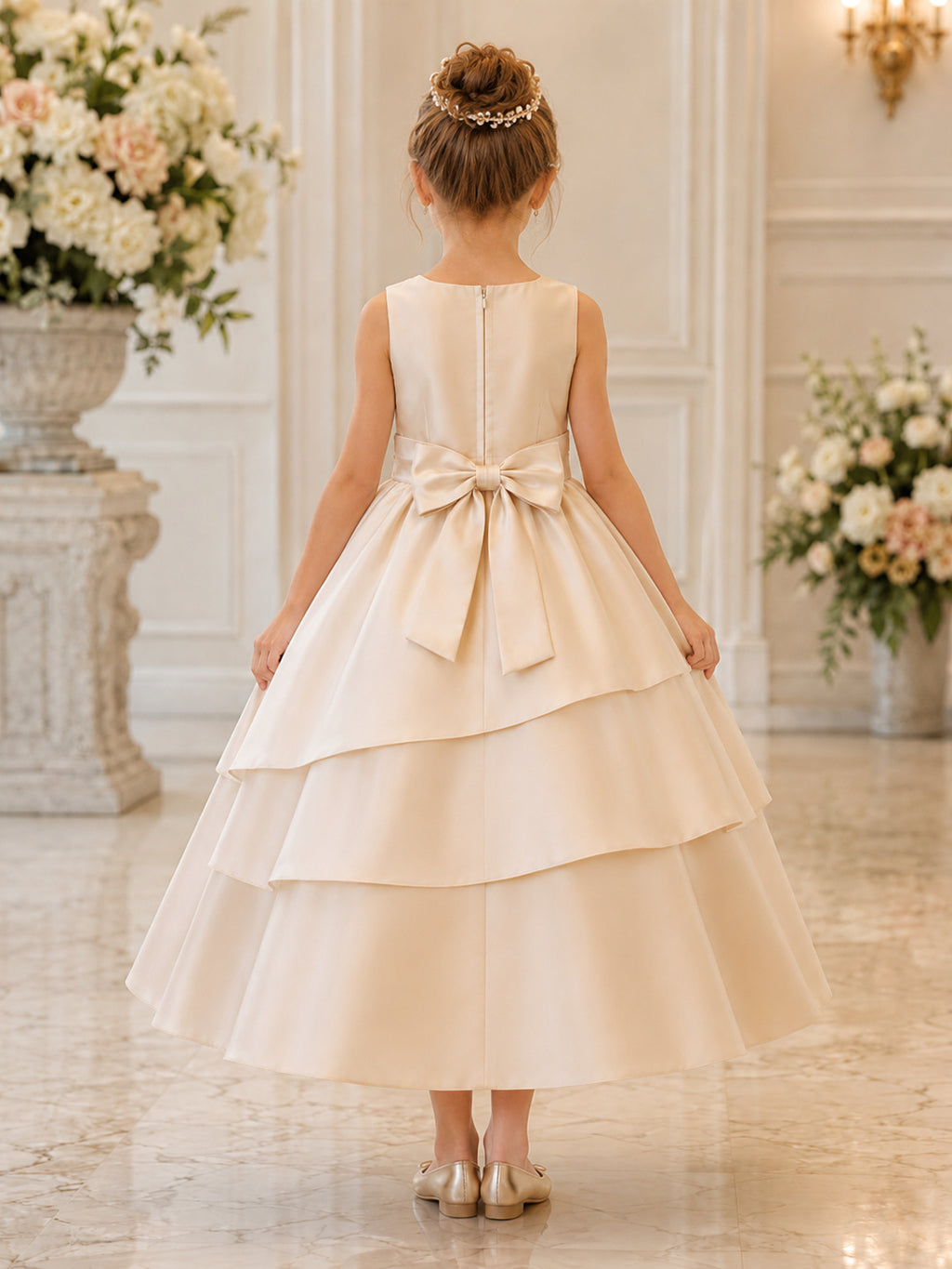 Sleeveless Ivory Satin and Tulle A-Line Flower Girl Dress with jewel Neckline and Floor length Skirt with Tiered Layers back