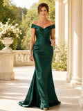 Emerald off shoulder ruched satin mermaid mother gown front view