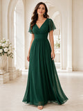 Dark Green V-neck Flutter Sleeve Chiffon Maxi Gown front view