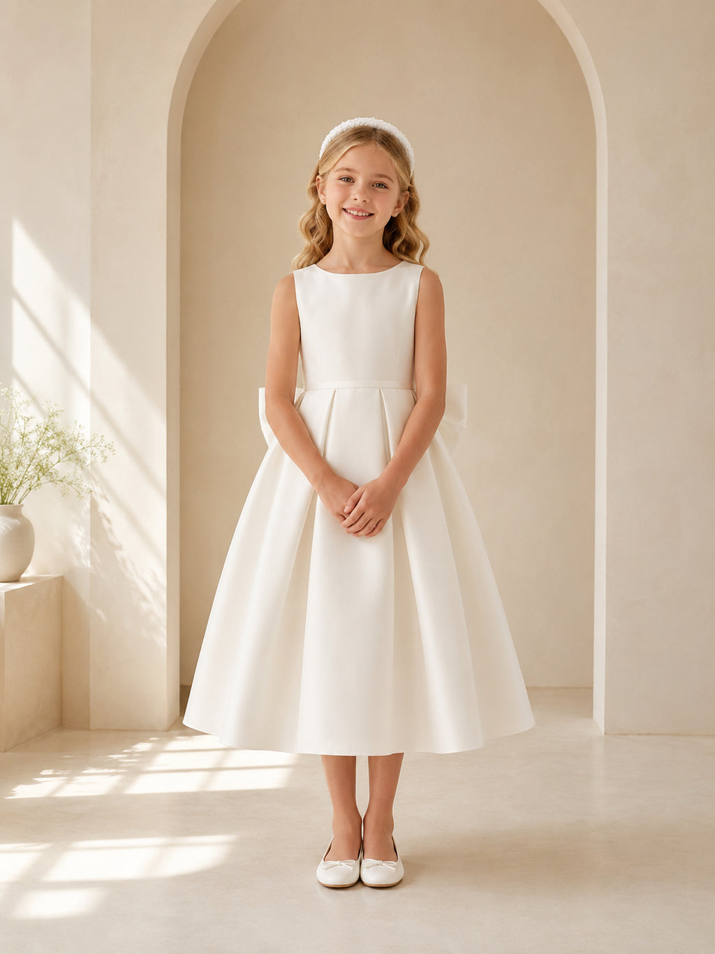 Sleeveless Satin Bow Communion Flowergirl Tea Length Church Dress front view