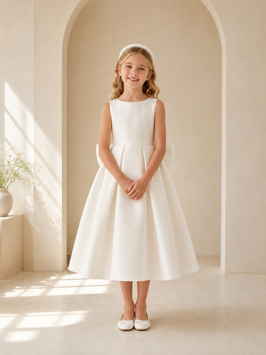 Sleeveless Satin Bow Communion Flowergirl Tea Length Church Dress front view