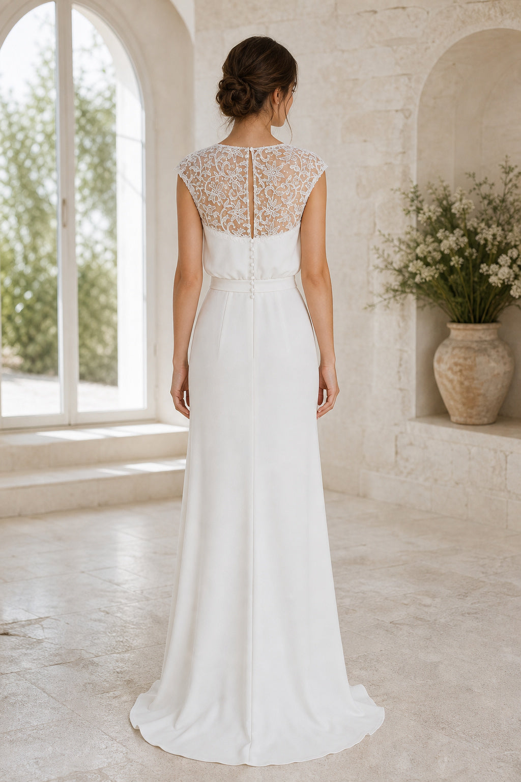 White Scoop Three-Quarter Sleeves Mermaid Lace Floor-length Wedding Dress With Lace and Lace Bodice and Open Back Lace Hem Detail