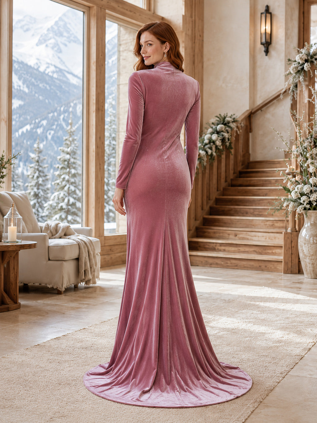 Vintage Mauve Jewel Neck Long Sleeve Velvet Sheath Sweep Wedding Dress back view