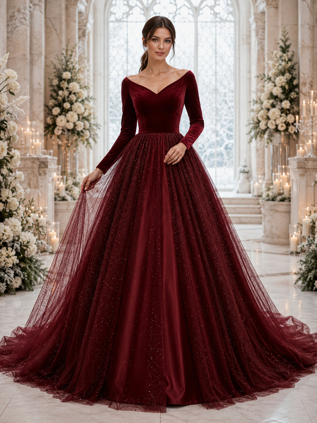 Burgundy Red Long Sleeve Sparkle Tulle Ball Gown Wedding Dress front view