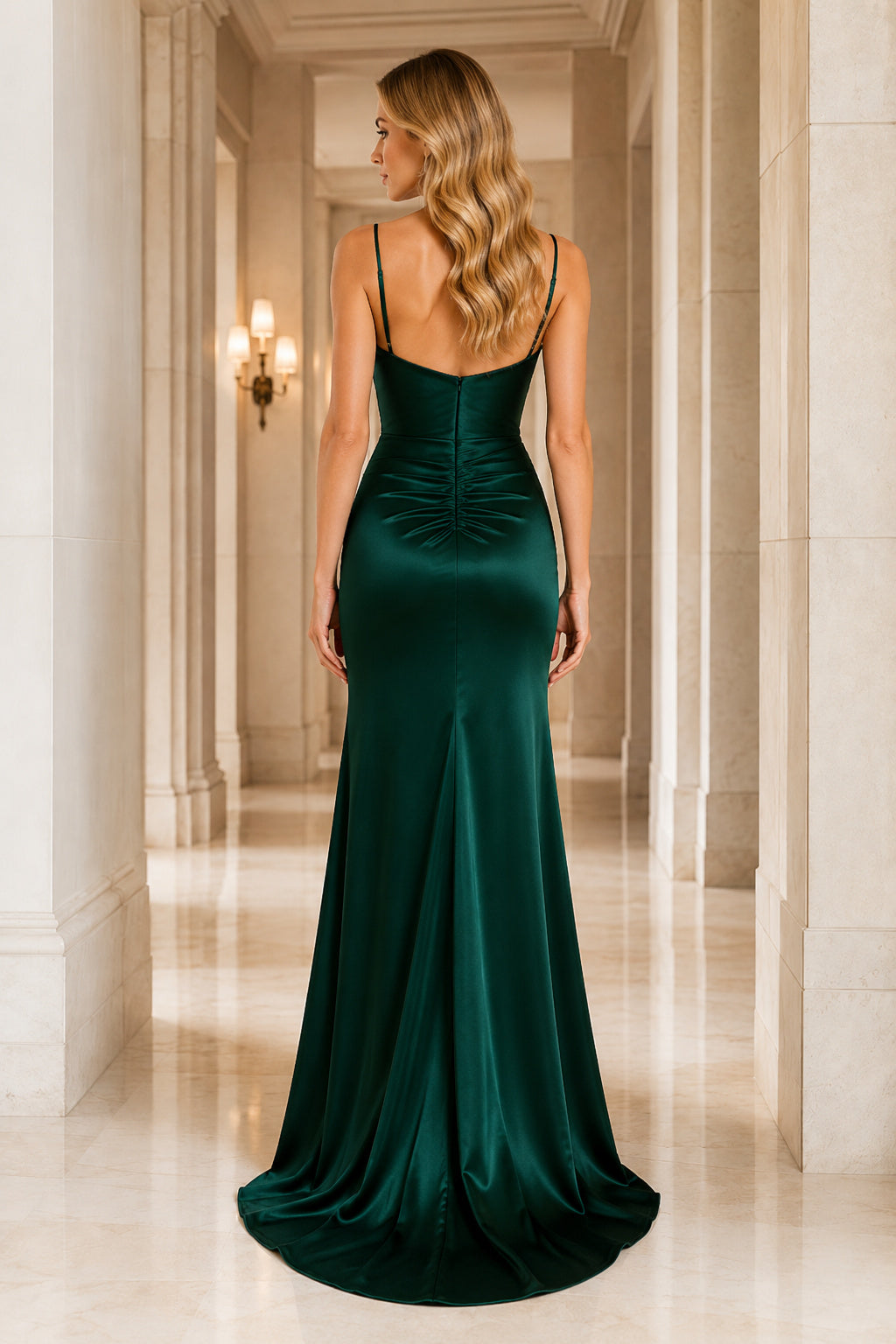 Dark Green Cowl Neck Satin Sheath Formal Dress with Spaghetti Straps and Side Split Style MG_300929 back view