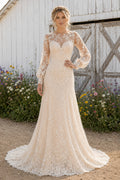 High Neck Long Sleeve Mermaid Wedding Dress with Illusion Lace Back and Train for Rustic Garden Ceremony front view