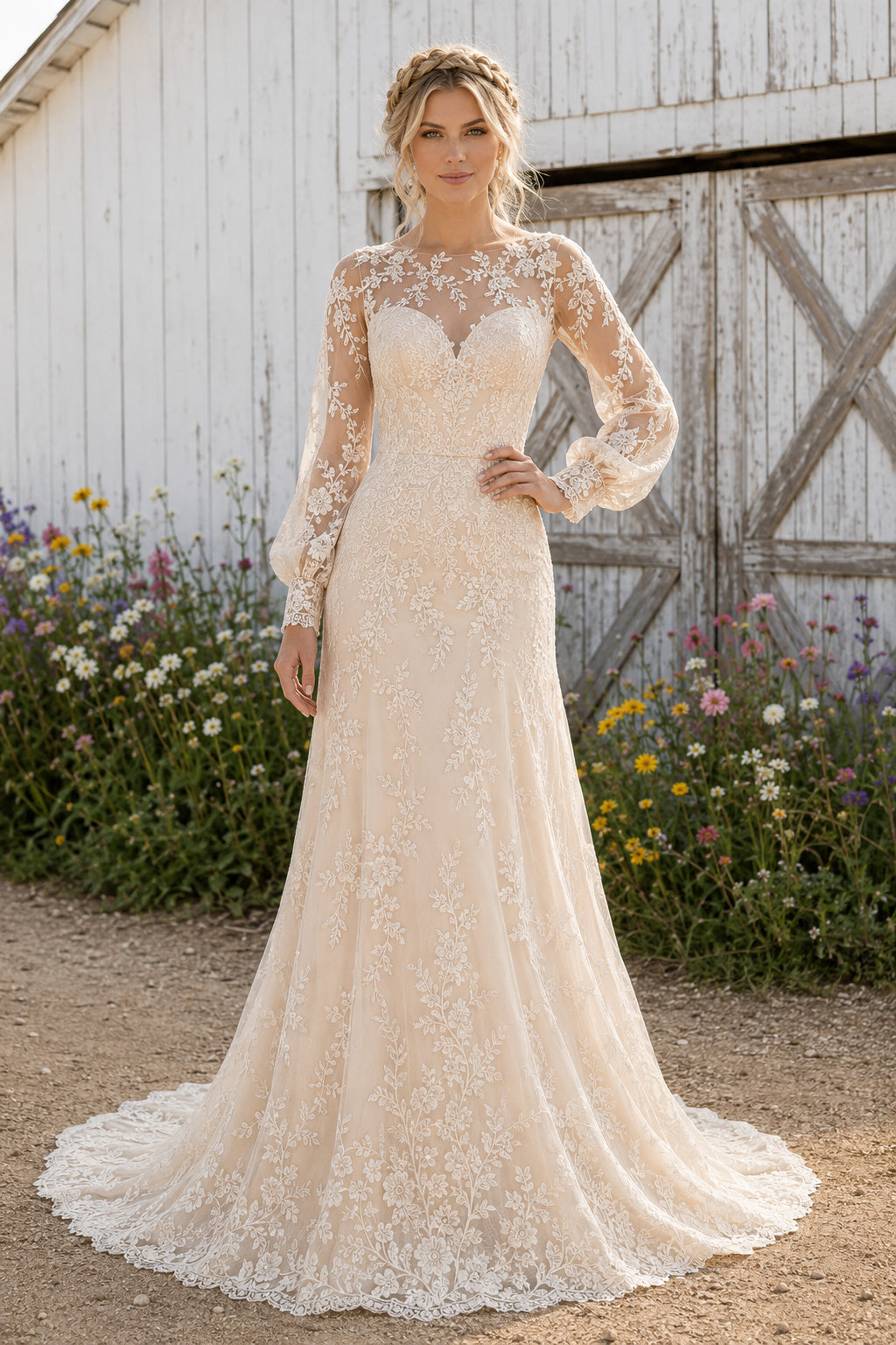 High Neck Long Sleeve Mermaid Wedding Dress with Illusion Lace Back and Train for Rustic Garden Ceremony front view