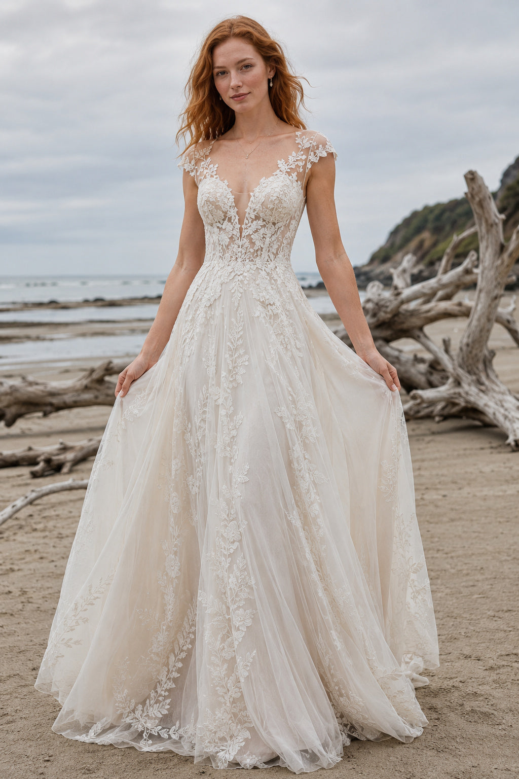 Ivory Cap Sleeve V-Neck Lace Tulle A-Line Wedding Dress Chapel Train for Bridal Ceremony and Reception front view