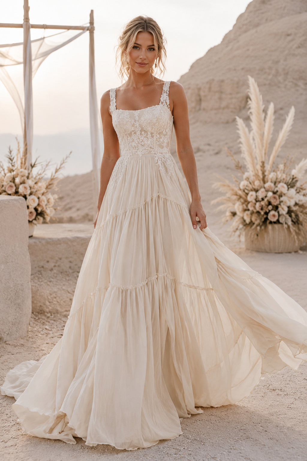 Ivory Square Neck Lace Bodice A-Line Wedding Dress with Layered Tulle Skirt front view