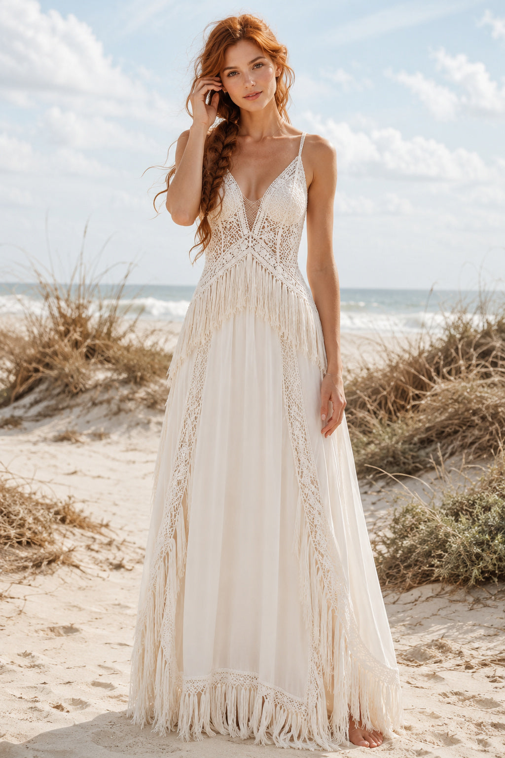 Ivory Spaghetti Strap Boho A-Line Wedding Dress with Lace Bodice and Fringe Trim front view
